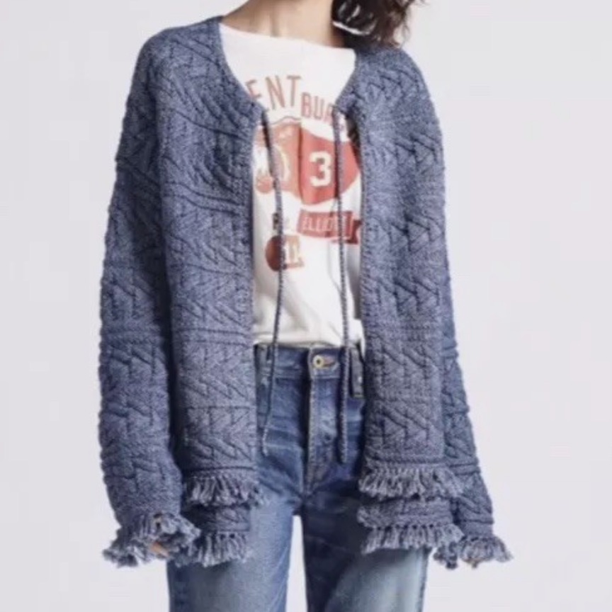 Current/Elliot The Cable Fringe Sweater Indigo Blue Size 3 - Large Msrp $348